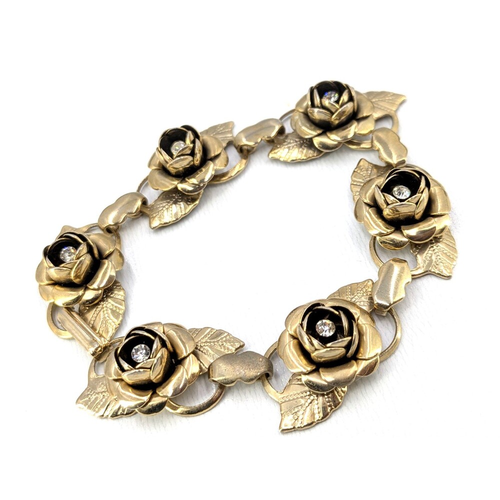Vintage Rose Bracelet Gold Tone Rhinestone Floral Link Leaves 7.5 Inches Estate